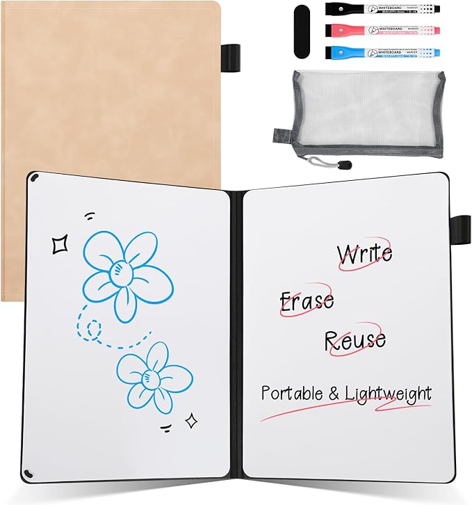 AGM Portable White Board Dry Erase Notebook, 8.4" x 6" Double Sided Folding Whiteboards with 3 Pens, Small Travel Dry Erase Board Skin-Friendly Material for Study, Meeting, Planning, Rose Pink