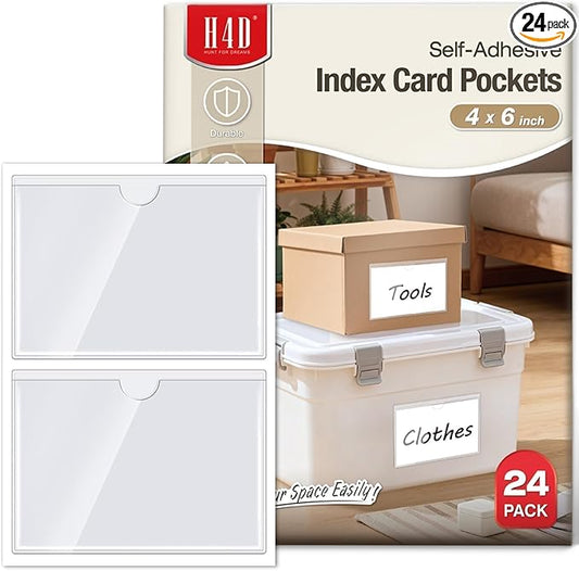 H4D 24 Pack Labels for Storage Bins, 4" x 6" Plastic Clear Adhesive Index Card Holders, Tote Label Pockets for Organizing Storage, Library Card, Shelves