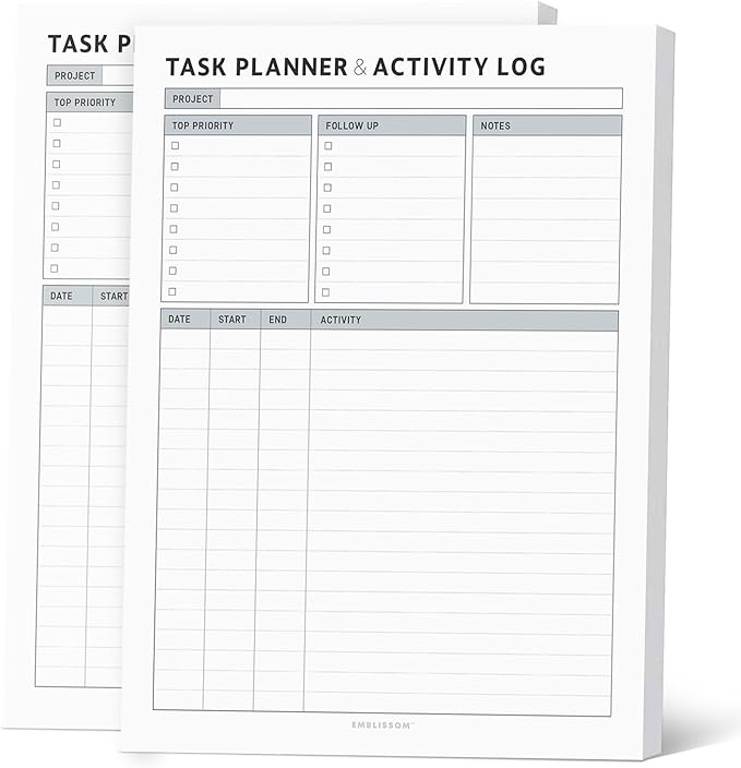 Task Planner & Tracker 8.5 x 11 Tear-Off 70 Sheet Planner Pad – Project Organizer with Time Log, Top Priority, Follow-Up – Notepad for Home & Office (White, Classic, 2 Pack)