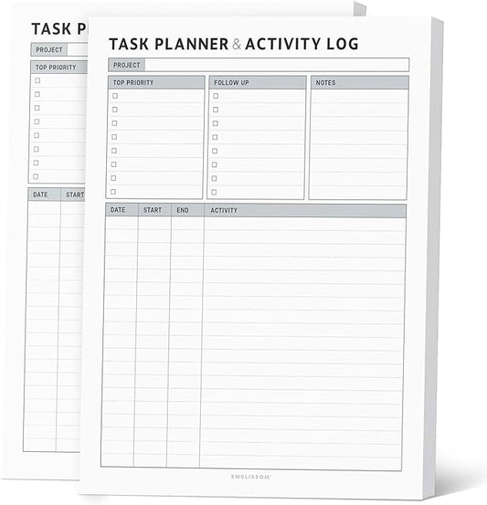 Task Planner & Tracker 8.5 x 11 Tear-Off 70 Sheet Planner Pad – Project Organizer with Time Log, Top Priority, Follow-Up – Notepad for Home & Office (White, Classic, 2 Pack)