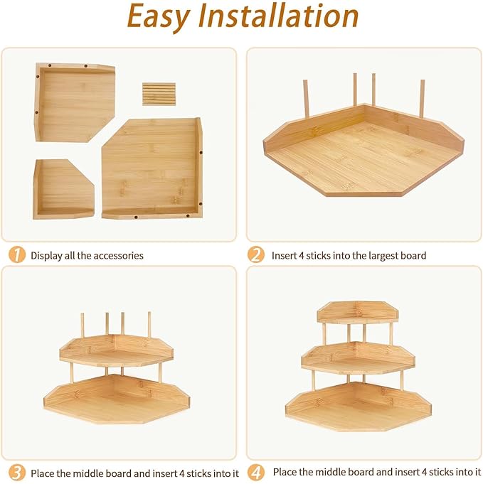 HYNAWIN Bamboo Corner Desk Organizer Shelf, 3-Tier Triangle Storage Rack for Office & Home, Space-Saving Desktop Shelf for Books, Stationery, Makeup, Small Items