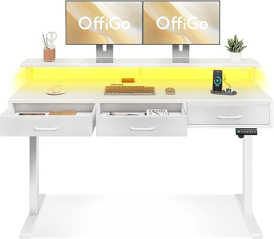 OffiGo Electric Standing Desk with Drawers, 63 Inch Height Adjustable Desk with Power Outlets & LED Lights, Sit Stand Table with Monitor Stand for Home, Office, Workstation, White