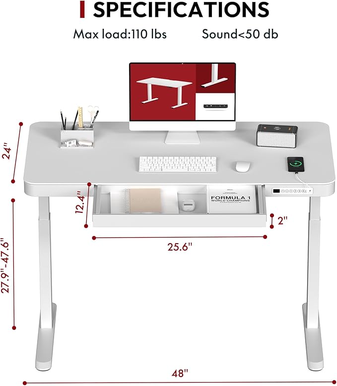 SANODESK Standing Desk with Drawer, Electric Height Adjustable Home Office Desk with Storage & USB Ports, 48 inch White Wood Tabletop/White Frame