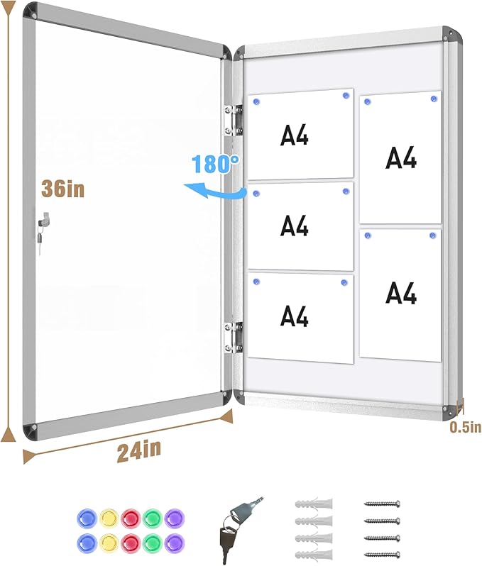 Mifuro 36"x24" Enclosed Bulletin Board, Lockable Weather-Resistant Aluminum Noticeboard for School & Office, Silver Frame w/Magentic Whiteboard