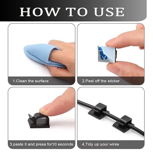 KGROTE 100PCS Cable Clips, Adhesive Wire Clips Strong Cord Clips Wire Holders, Cable Management Clips for Desk, Wall, Car, TV, Ethernet Cable (Black, Small)