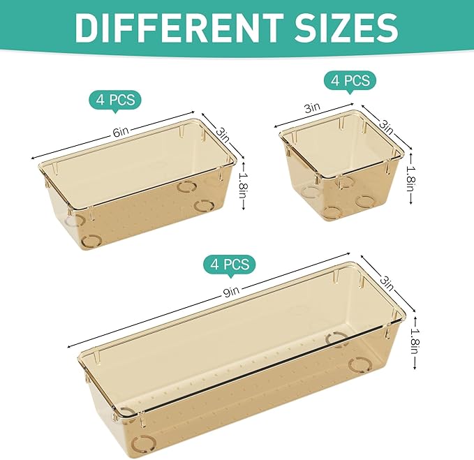 WOWBOX 6 Pack Clear Drawer Organizer Set, Acrylic Drawer Storage Trays, Storage Bins for Makeup, Cosmetics, Jewelries, Utensils, Gadgets, Office, Champagne