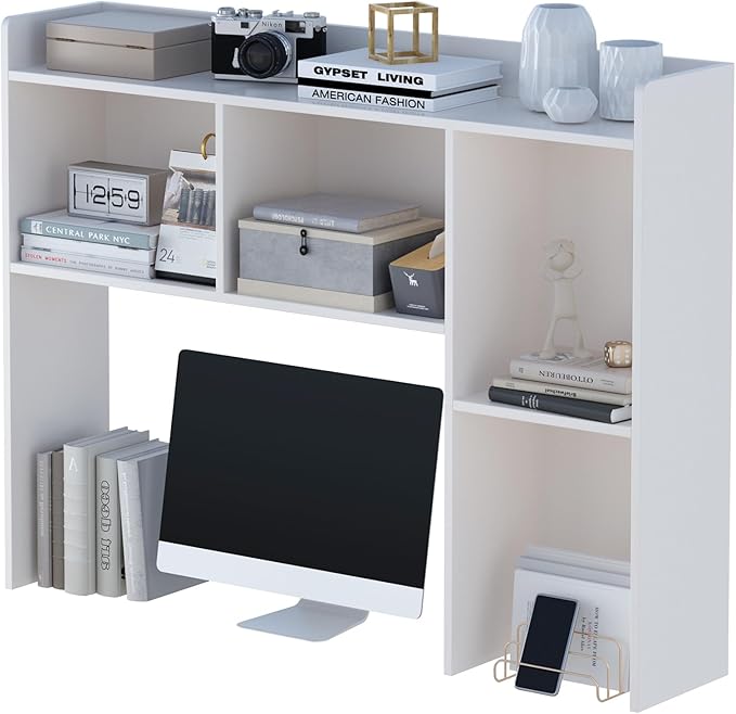 OSCHF Wooden Desktop Hutch Bookshelf - Free Standing Desk Storage Shelf with Top Edge for Computer Desk, Desktop Bookcase for Dorm, Home or Office, Countertop Organizer, White, 45.3"