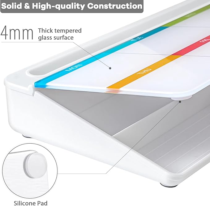 Varhomax Glass Weekly Dry Erase Desk White Board, Desktop to Do List Planner Whiteboard Calendar with Storage Caddy Memo for Home and Office, Colorful