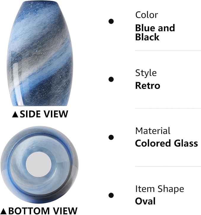 Fixture Replacement Globe Shade,Lampshade for E26 Base 1-5/8 Inch Fitter, Color Art Glass Oval Lampshade Cover for Pendant Kitchen Wall Sconce Chandelier Vanity Light (1, Blue and Black)