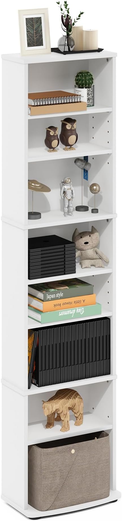 Furinno Jaya DVD Shelf, 8-Tier Tall Narrow CD Rack, Media Shelf with Adjustable Shelves, DVD Storage Cabinets for CD Blueray Game Disc, Easy Assembly, for Living Room, Home Office, White
