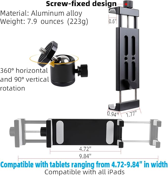Leenconghui Aluminum Tripod Mount Adapter for iPad, 360 Rotatable Tablet Holder Compatible with iPad Pro/Air/Mini, Samsung Tab and Other 4.7" -15" Tablets