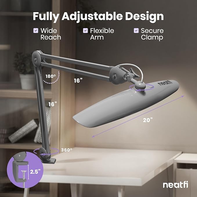 Neatfi XL 2,200 Lumens LED Desk Lamp with Clamp, 24W Bright Architect Task Lamp, 20 Inches Dimmable Computer Light, Adjustable Desk Light for Home, Office, Crafts, Nails & Hobbies (Non-CCT, Silver)