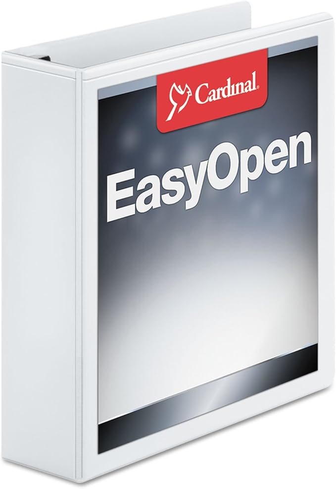 Cardinal 3 Ring Binder, 2 Inch Premier Easy Open Binder, ONE-Touch Locking Slant-D Rings, 565-Sheet Capacity, ClearVue Cover, PVC-Free, White (10320)