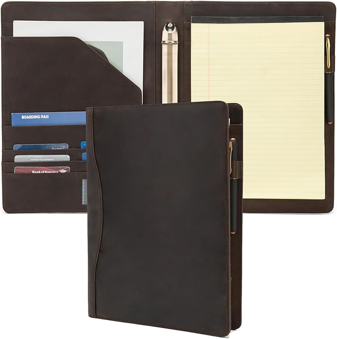 Geslun Genuine Leather 3 Ring Binder, 8.5 x 11 Letter Size Folio with Pen Holder, Soft Notebook Portfolio Cover, Slim Notepad Padfolio Thin File Organizer for Work Executive Meeting, Dark Khaki