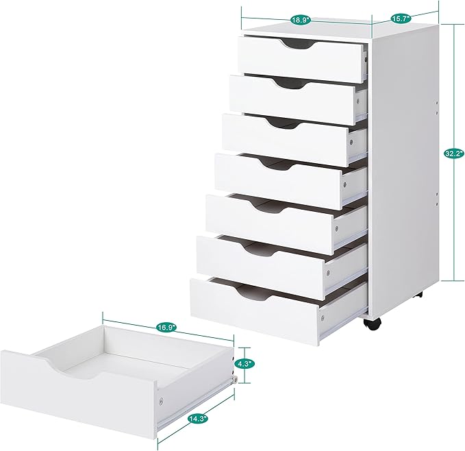 Naomi Home Debbie 7-Drawer Craft & Office Storage Cabinet, White – Rolling File Cabinet with Wheels, Chic Design for Supplies & Folders, 15.7" D x 18.9" W x 34.2" H