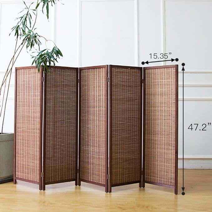 Furnnylane 5 Panel Short Room Divider Screen,Brown Freestanding Partition,Small Bamboo Panel Divider for Room Seperation,3.95 FT Tall
