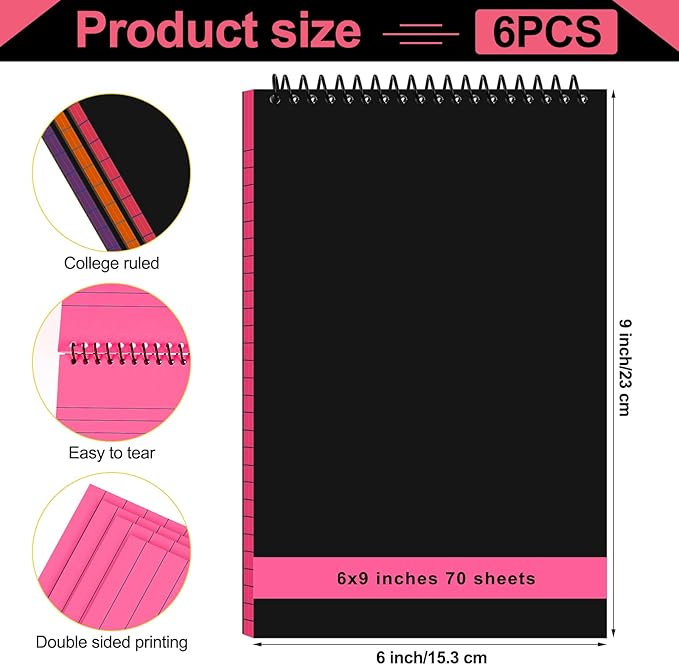 Resurhang 6 Pcs Legal Pad Top Spiral Bound Notebook 70 Sheets Double Sided College Ruled Paper Notepad Memo Steno Pad with Stiff Cover for Business College(6 x 9 Inches,No Holes,Bright Color)
