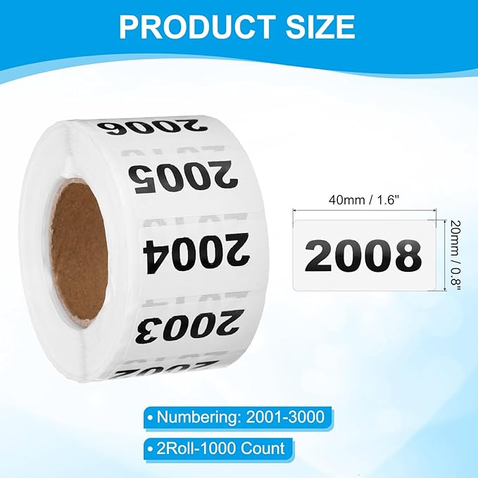 PATIKIL 0.8 x 1.6 Inch Inventory Number Sticker, 2 Roll 2001 to 3000 Consecutive Number Labels Self-Adhesive Labels Tag 1000 Stickers for Office Warehouse Numbering Classification, Black