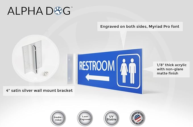 ALPHA DOG SIGNS Corridor Projecting Hallway Bathroom Sign, Left Arrow, 4"x12" Double Sided, Indoor/Outdoor, Easy Install, Durable Business Wayfinding Plaque, USA-Made (Blue)