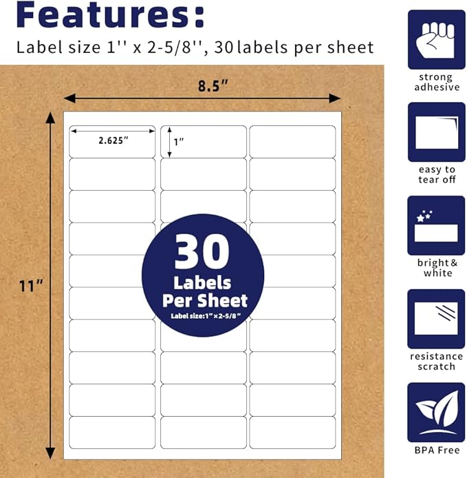 POLYSELLS 1" x2-5/8 Self Adhesive Address Labels, 30UP Blank Shipping Labels, FUSKU, FBA Mailing Labels for Inkjet and Laser Printer, 3000 Sticker Labels (100 Sheets), 30 Labels per Sheet
