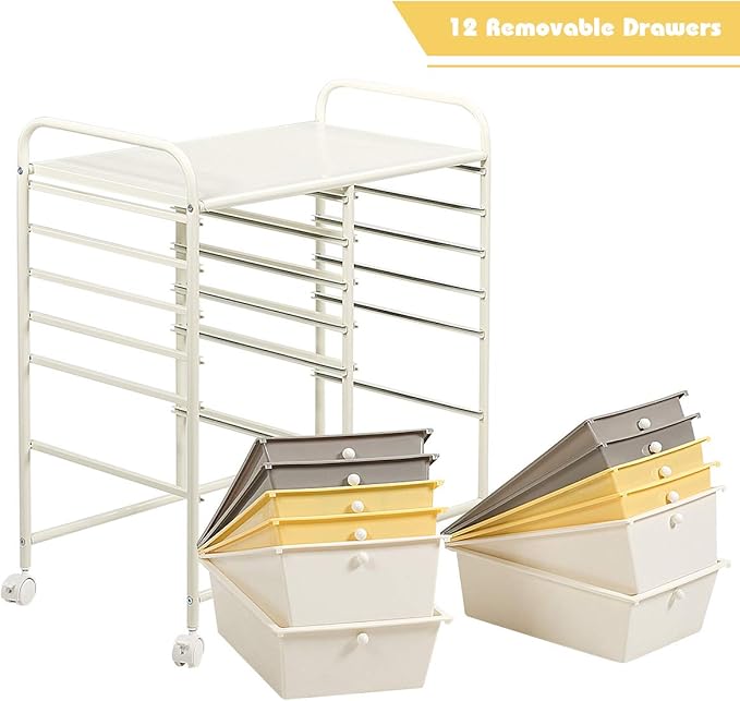 LDAILY 12 Drawer Rolling Storage Cart, Craft Cart Organizer on Wheels w/Metal Frame, Large Capacity & Smooth Drawer, Rolling Cart w/Drawers for Classroom, Office