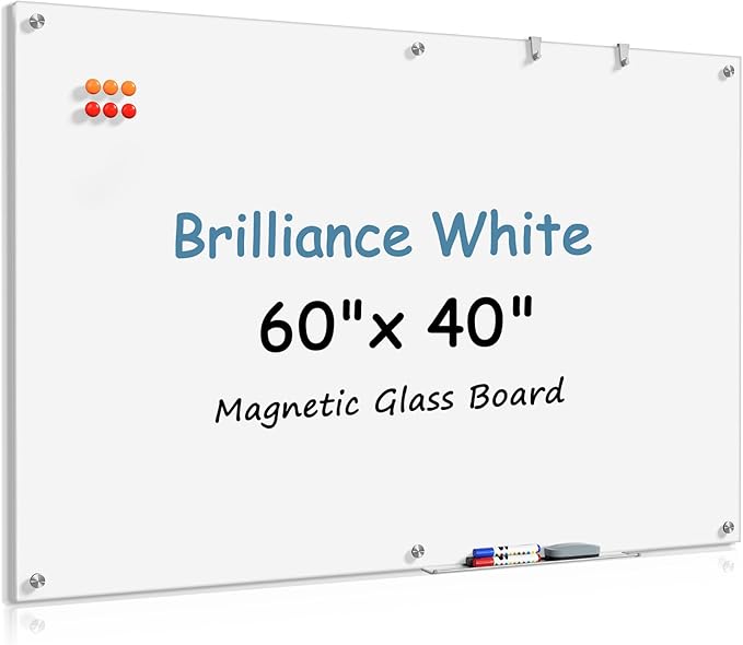 MaxGear Glass Whiteboard Tempered Magnetic Dry Erase Board 60 x 40 Inch Ultra White, Frameless Wall Mounted, Office Classroom Conference Room Home Use, Includes Markers, Eraser, Magnets & Mounting Kit