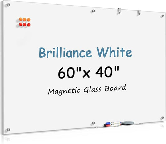 MaxGear Glass Whiteboard Tempered Magnetic Dry Erase Board 60 x 40 Inch Ultra White, Frameless Wall Mounted, Office Classroom Conference Room Home Use, Includes Markers, Eraser, Magnets & Mounting Kit
