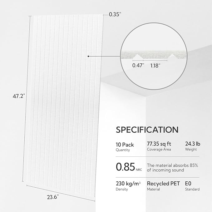 Olanglab Acoustic Wall Panels 10 Pack, 48 x 24 per Acoustic Panels Sound Absorbing, Decorative Sound Panels for Home Studio and Office, White