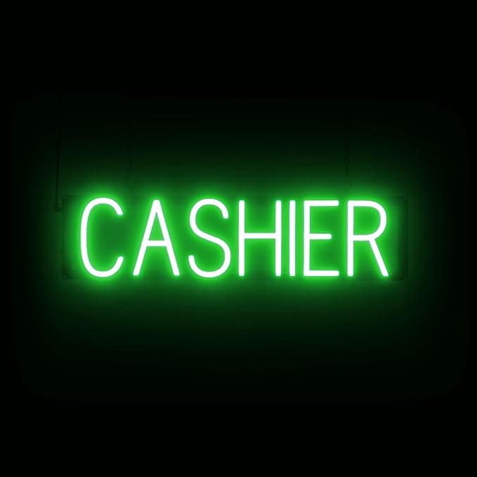 SpellBrite CASHIER Sign | Directional Sign with Neon Look, Green LED Light Source | 25.4" x 6.3"