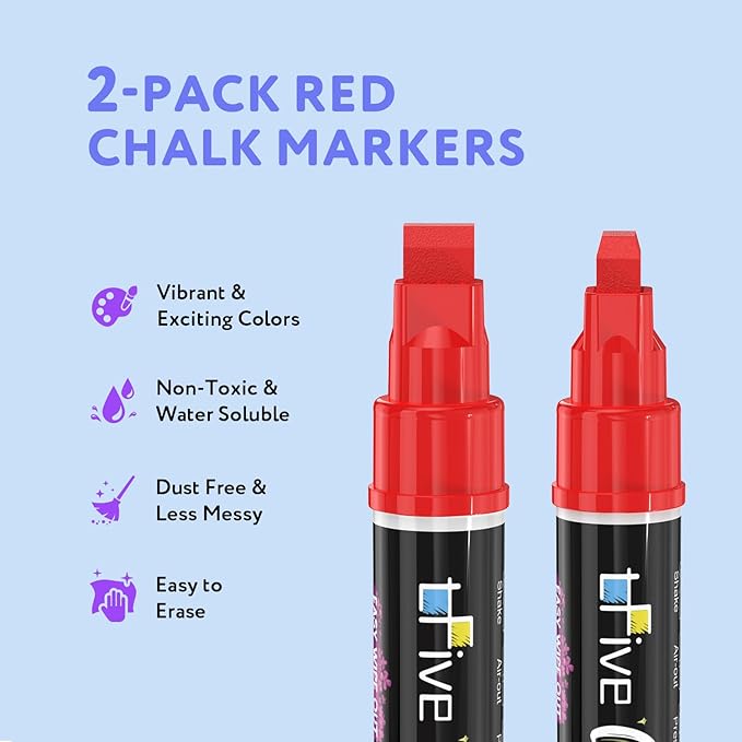 TFIVE Red Liquid Chalk Markers - 2 Pack Jumbo Chalk Pens with 10mm 3 in 1 Nib Wide Tips, Dry & Wet Erase Marker Pens for Glass, Chalkboard, BlackBoard, Windows, Calendar, Pumpkin, Mirror
