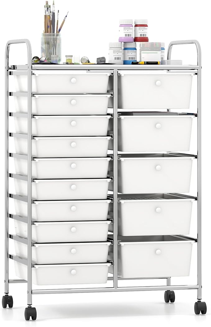 Giantex 15 Drawer Rolling Cart with Drawers, Storage Organizer Cart for Classroom Office School Teacher, Mobile Drawer Cart for Tools, Crafts, Small Printer, Ivory