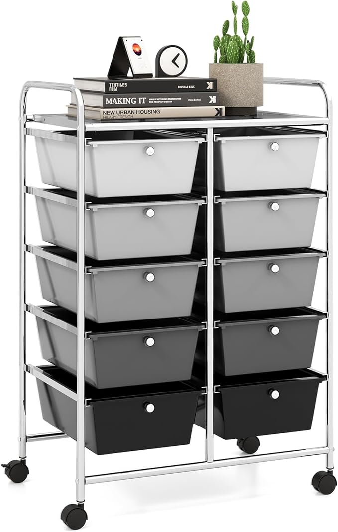 LDAILY 10 Drawer Rolling Cart, Storage Cart Organizer on Wheels, Drawer Cart with Metal Frame & Large Storage Capacity, Rolling Cart with Drawers for Living Room Classroom, Office