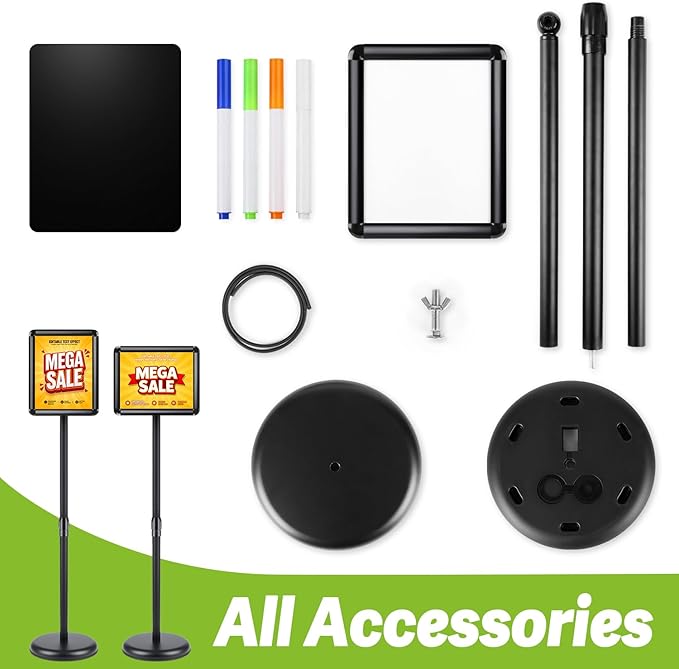 RedChili Floor Standing Sign Holder Stand for 8.5x11 Inches Poster or Chalk Board, Pedestal Sign Holder with Snap Open Frame 8.5" x 11",360° Rotation, Outdoor Indoor Standing Display Sign Holders for Advertising (Black, Round Corner)