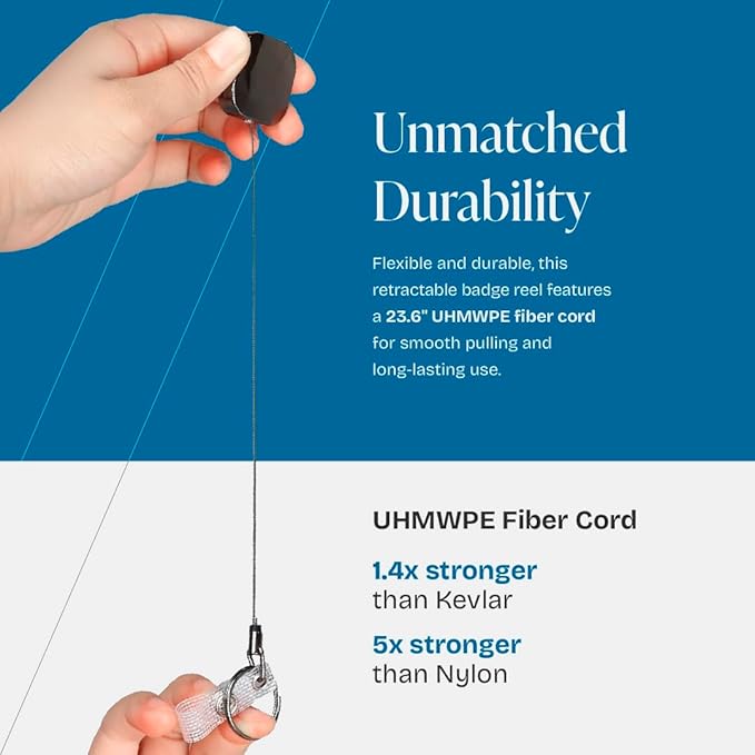 Will Well ID Badge Holder Reel with Clip and Keyring - Heavy-Duty All-Metal Casing with 23.6" UHMWPE Fiber Pull Cord for Easy Access, Holds up to 8 Keys - 2-Pack, Small Square, Glossy Black