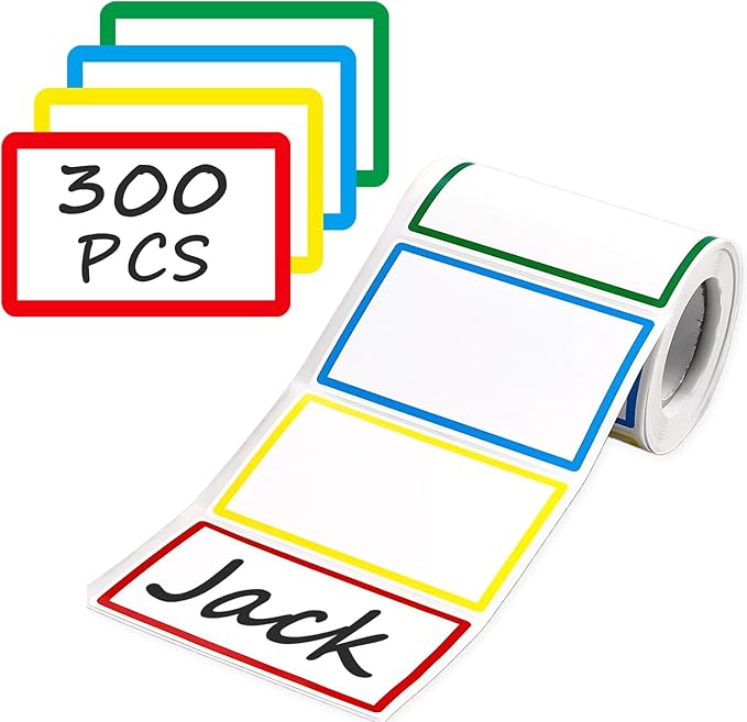 300 PCS Name Tag Stickers - 3.5'' x 2.2'' 4 Colors, Self-Adhesive Sticker Name Tags for School, Office, Home, Party, Meeting