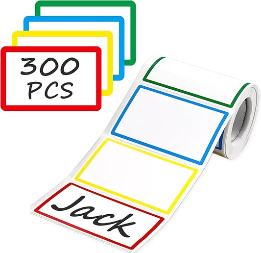 300 PCS Name Tag Stickers - 3.5'' x 2.2'' 4 Colors, Self-Adhesive Sticker Name Tags for School, Office, Home, Party, Meeting