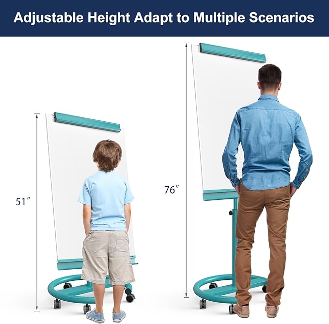 TSJ OFFICE Rolling Whiteboard Standing - 40 x 26 Inches Magnetic Mobile White Board with Stand, Height Adjustable Dry Erase Board on Wheels with Paper Clamp on Top, Blue