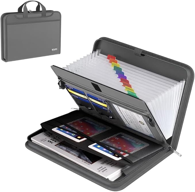 Fireproof Accordion File Organizer – Fireproof File Folder & Expanding Paperwork Organizer with Handle, Travel File Organizer for A4/Letter Documents, 13-Pocket (Grey)