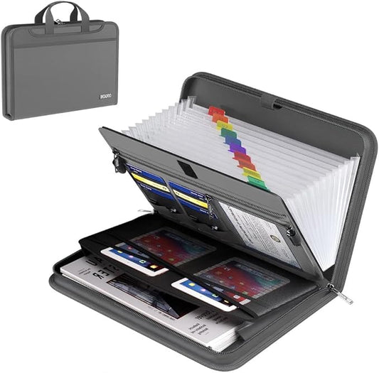 Fireproof Accordion File Organizer – Fireproof File Folder & Expanding Paperwork Organizer with Handle, Travel File Organizer for A4/Letter Documents, 13-Pocket (Grey)