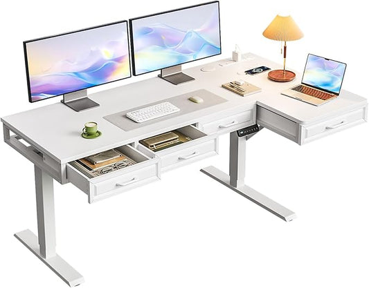 OffiGo L Shaped Electric Standing Desk with Wooden Drawers, 55 Inch Height Adjustable Corner Workstation with Power Outlets, Sit Stand Table for Home, Office, White