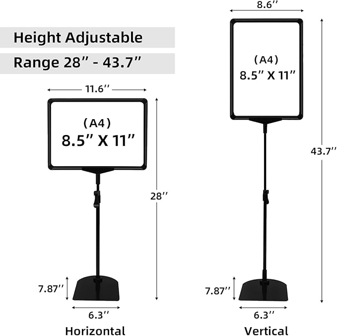Sign Holder Stand with Adjustable Height Snap Open, Reusable Sign Holder 8.5 x 11 Inch for Display Advertising Business Menu Flyer Signage, Vertical and Horizontal View (Black, 2 Pack)