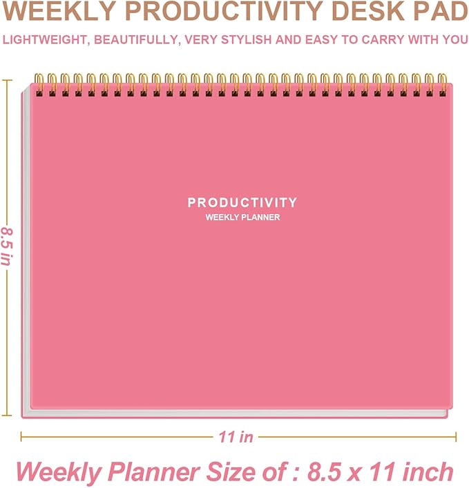 Weekly Productivity Planner - 8.5" x 11" Dashboard Desk Notepad Has 6 Focus Areas to List Tasks for Goals, Projects, Clients, Academic or Meal-Organize Your Daily Work Efficiently, 54 Weeks, Pink