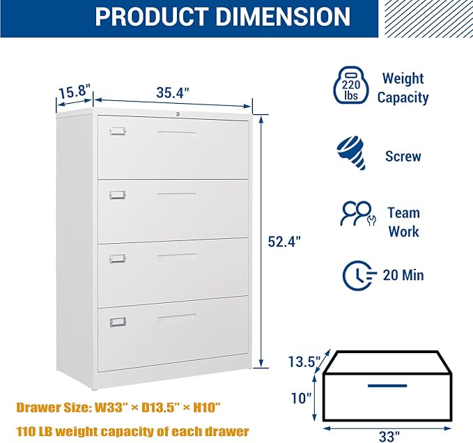 Fesbos Lateral File Cabinet with Lock, 4 Drawer Large Metal Filing Cabinet,Home Office Lockable Storage Cabinet for Hanging Files Letter/Legal/F4/A4 Size-Assembly Required