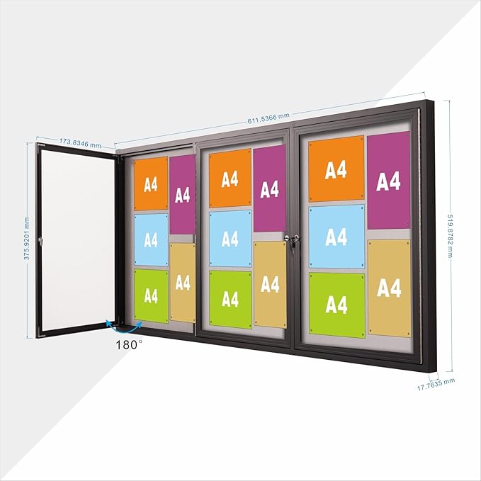71×36 Inch Lockable Enclosed Bulletin Board, Weather-Resistant Outdoor Noticeboard with Locking Doors, Wall-Mounted Black Aluminum Frame & Grey Felt Presentation Board