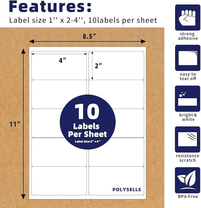 POLYSELLS Self Adhesive 2"x4" Address Shipping Labels, 10UP White Sticker FBA Labels, Inkjet/Laser Printer Compatible, 10 Labels/Sheet, 500 Sheets/5000 Labels