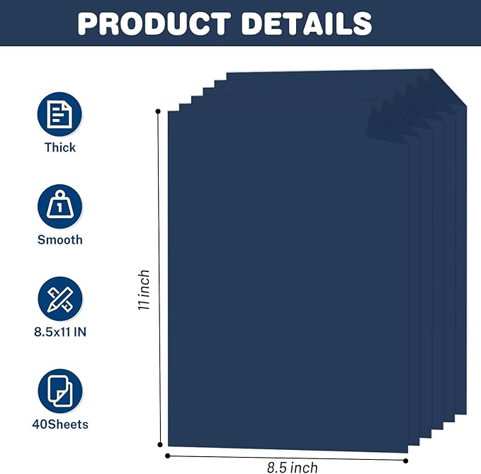 Cardstock 8.5 X 11, 40 Sheets Dark Blue Card Stock, 75lb/ 200gsm Copy Paper, Cardstock Printer Paper For Art, Drawing, Invitations, DIY Cards, Watercolor, Craft, Construction, School & Office Supplies