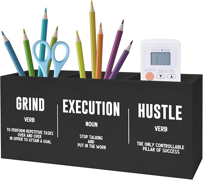 Exqcom Inspirational Office Pen Pencil Holder, Inspirational Gifts for Coworkers Colleague, Grind Execution Hustle Positive Quotes Organizer for Home Office Desk Accessories