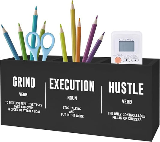 Exqcom Inspirational Office Pen Pencil Holder, Inspirational Gifts for Coworkers Colleague, Grind Execution Hustle Positive Quotes Organizer for Home Office Desk Accessories