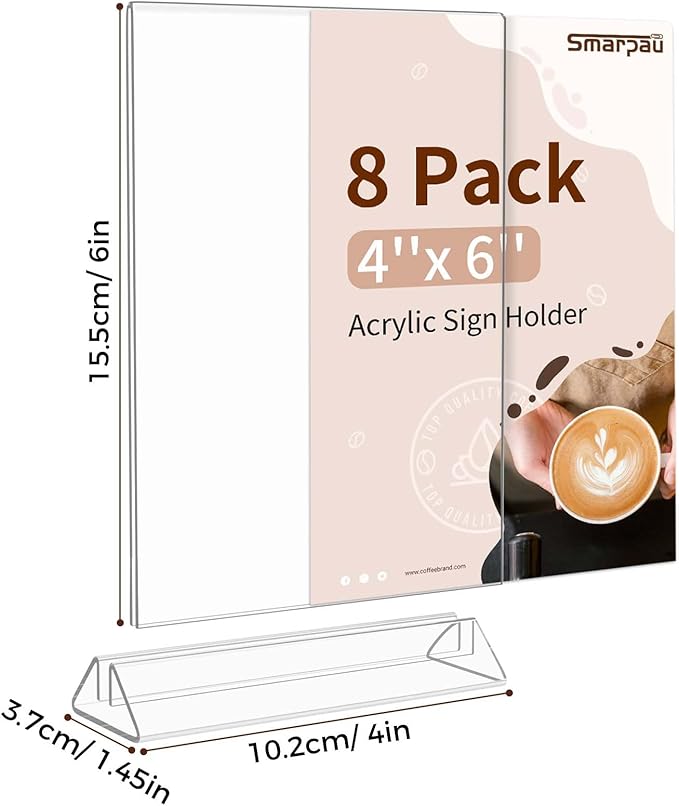 Smarpau Acrylic Sign Holder 4x6, 8 Pack Double-Sided Picture Frames Display Stand, Clear Table Number Holders, Plastic Menu Flyer Photo Paper Holders for Office Store Restaurant