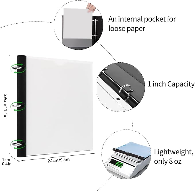 Tashkummy 360 Degree Pivotable Binder, Upgraded 3 Ring Binder 1 inch, Flexible Binders 3 Ring, Foldable Three Ring Binders- White